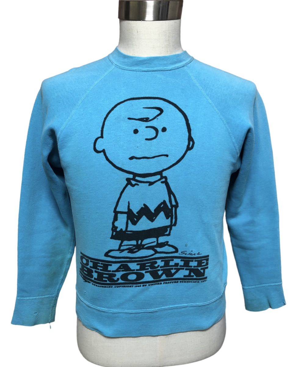  free shipping, prompt decision ultra rare!60s mayo sprucemeiyosp loose Snoopy Charlie Brown sweat light blue size M(38-40)