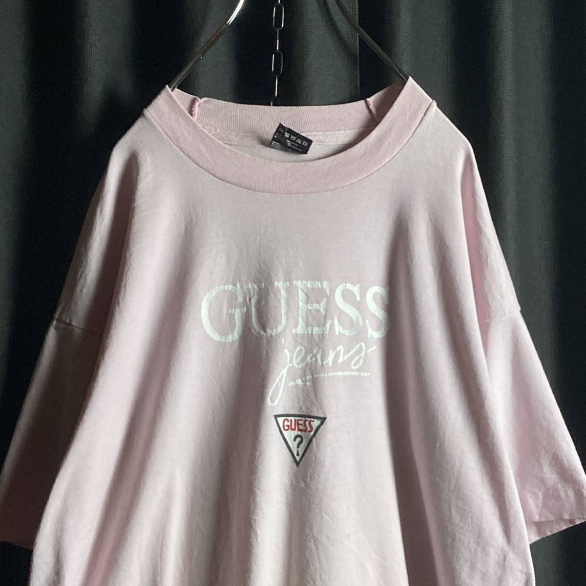 【90sアメリカ製】ゲス　グランジ　ボロ　ロゴプリントTシャツ　ピンク　シングル　XLサイズ ビンテージ古着　常田大希