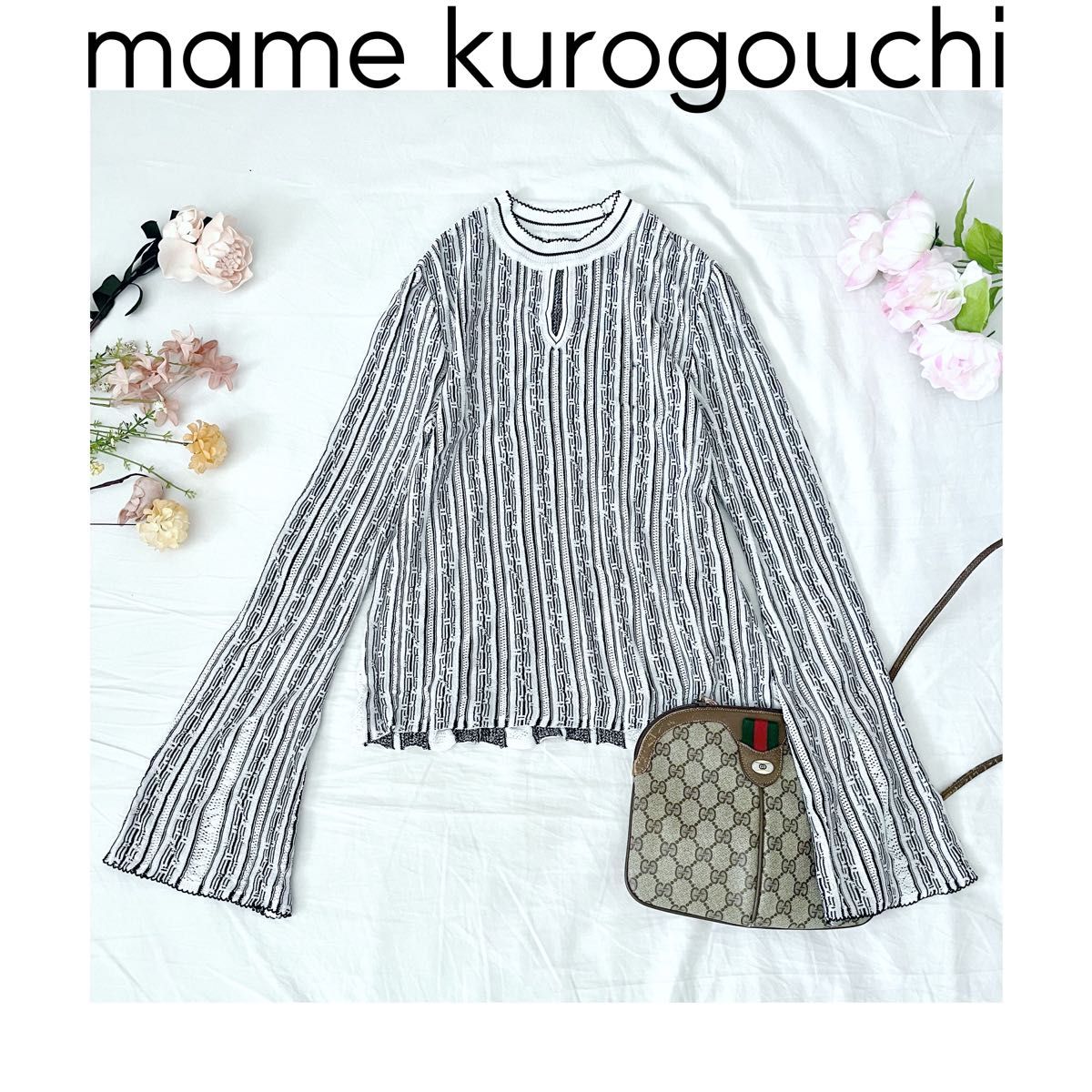 mame kurogouchi Floral Stripe Jacquard Knitted Pullover ホワイト