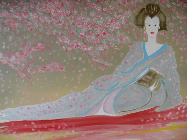 ≪国美協≫、佐藤めみ、『桜と着物』、油彩画、F15号：65,2×53,0cm、油絵一点物、新品高級油彩額付、直筆サイン・真作保証付_画像1