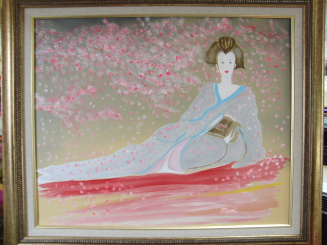 ≪国美協≫、佐藤めみ、『桜と着物』、油彩画、F15号：65,2×53,0cm、油絵一点物、新品高級油彩額付、直筆サイン・真作保証付_画像6