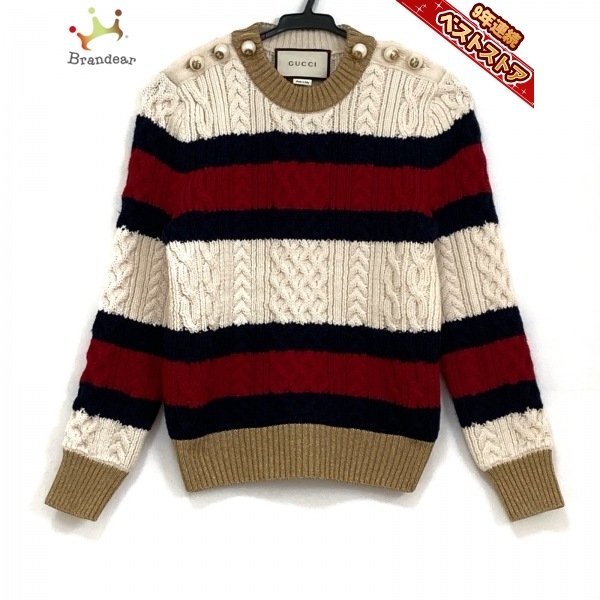 グッチ GUCCI 長袖セーター サイズM - アイボリー×レッド×マルチ レディース クルーネック/ボーダー/パール トップス