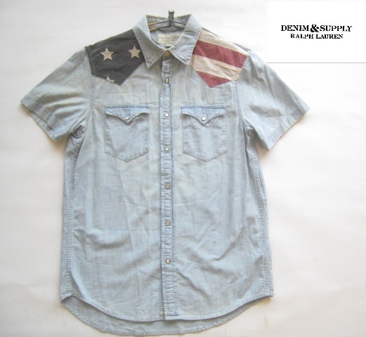 高級!!デニム＆サプライ DENIM&SUPPLY RALPH LAUREN*星条旗柄当て布 半袖デニムウエスタンシャツ M ポロラルフローレンの画像1