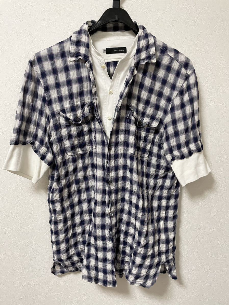 【中古】DSQUARED2/ディースクエアードレイヤード風半袖シャツMサイズ（48）メンズ/イタリア製/重ね着風/チェックシャツ