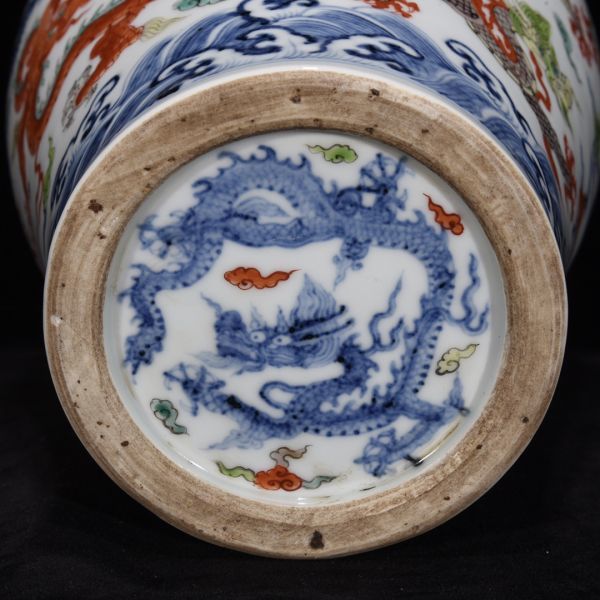 明 宣徳年製 陶磁器 青花斗彩龍紋梅瓶」染付 置物 擺件 古賞物 中国古