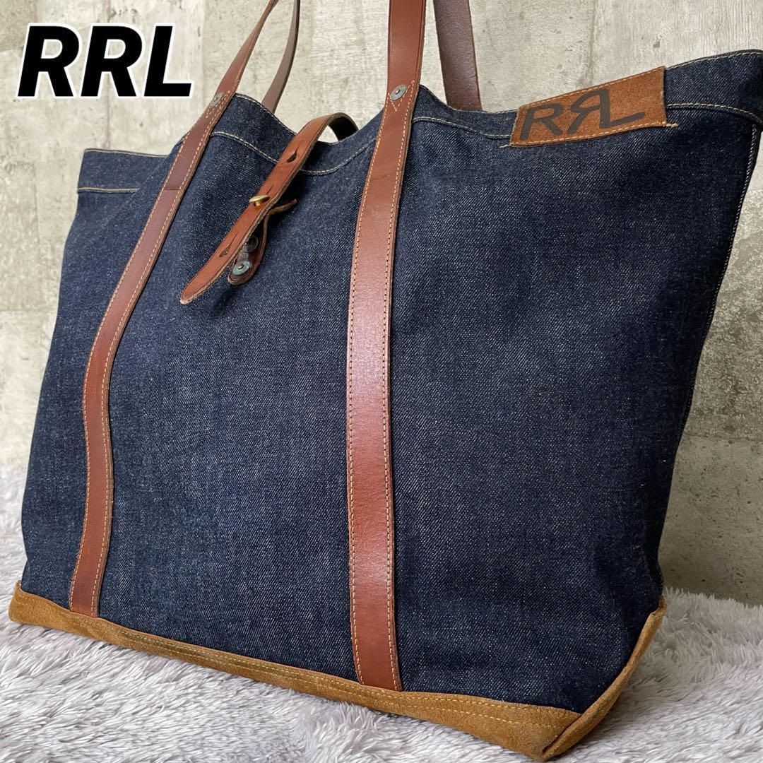 RRL ダブルアールエル　 Ralph Lauren ラルフローレン トートバッグ　ワンショルダーバッグ ロゴ型押し　フラップ デニム　レザー　A4可