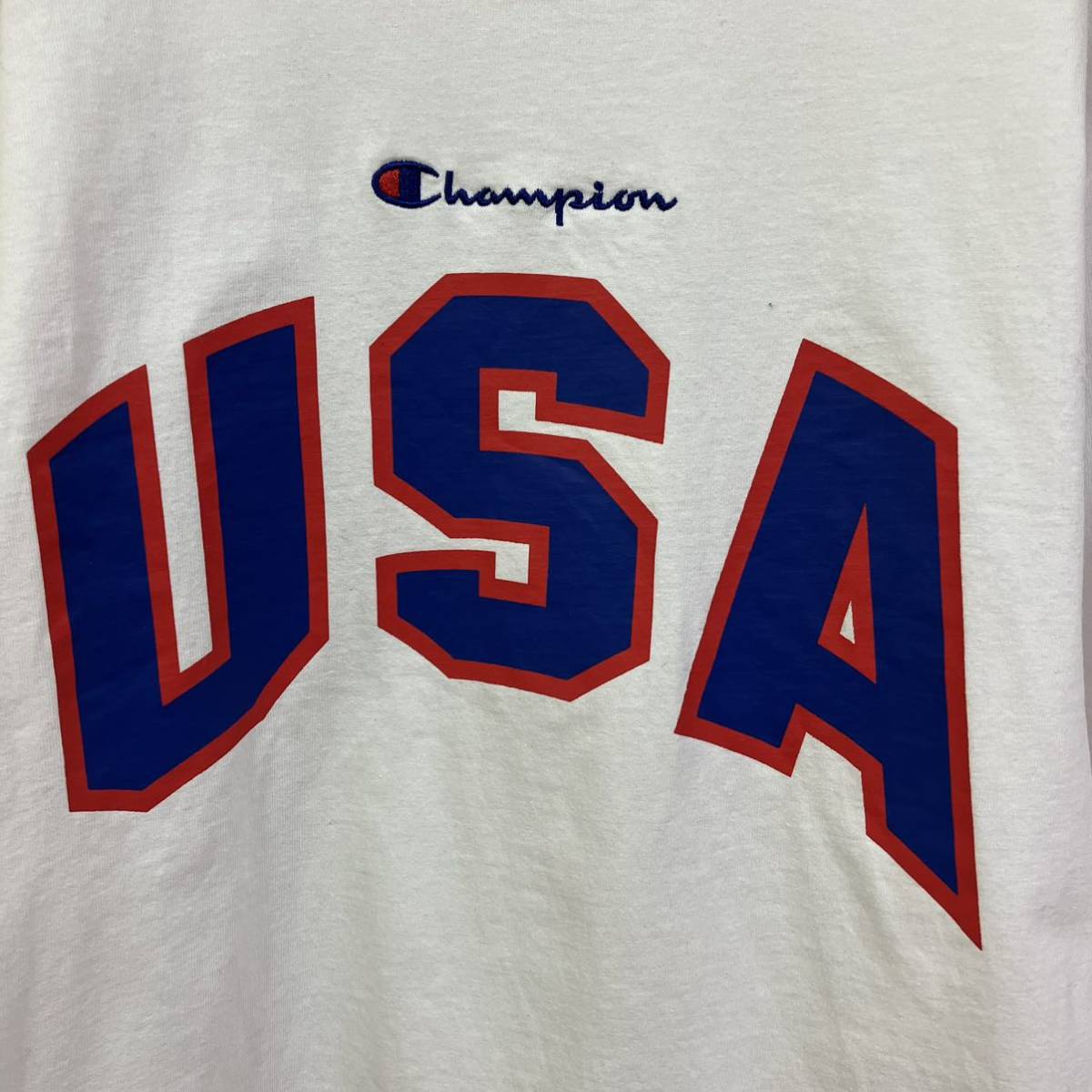 Champion チャンピオン ビッグ ロゴ プリント 刺繍 ワッペン 長袖 クルーネック 天竺 ニット ロング Tシャツ 古着_画像5