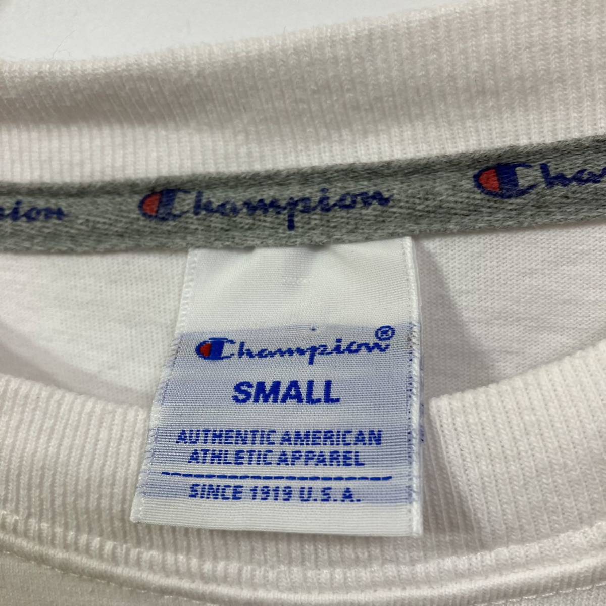 Champion チャンピオン ビッグ ロゴ プリント 刺繍 ワッペン 長袖 クルーネック 天竺 ニット ロング Tシャツ 古着_画像9