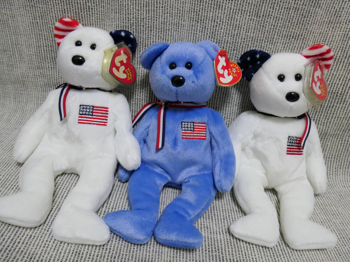 3 body Beanie babes .. America. national flag attaching white 2 body ear. color . reverse . rare + beautiful blue hugely hand . does not enter goods! condition excellent beautiful goods 