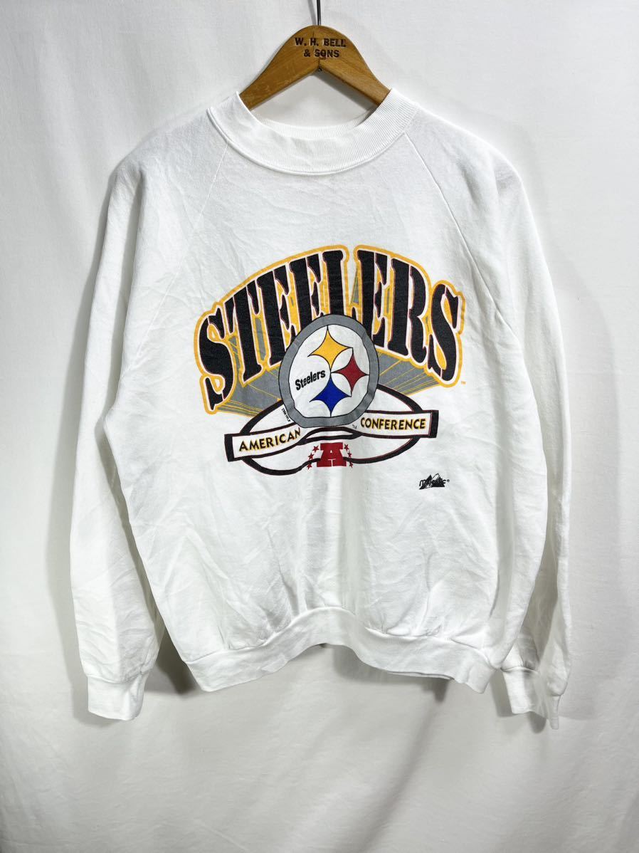 ■ 90s ビンテージ USA製 FRUIT OF THE LOOM NFL Steelers スティーラーズ ロゴプリント スウェット トレーナー サイズXL アメフト 白 ■_画像1