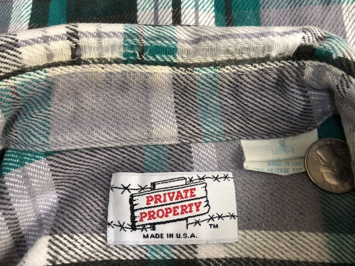 80sヴィンテージMADE IN USAアメリカ製PRIVATE PROPERTY緑系チェック柄 ヘビーネルシャツsize M_画像2