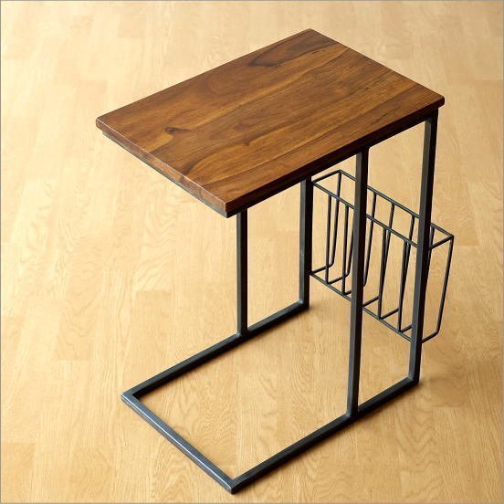 ソファーサイドテーブル 木製 コの字型 シーシャムとアイアンのサイドテーブル マガジンラック付き 送料無料(一部地域除く) kan2398のサムネイル