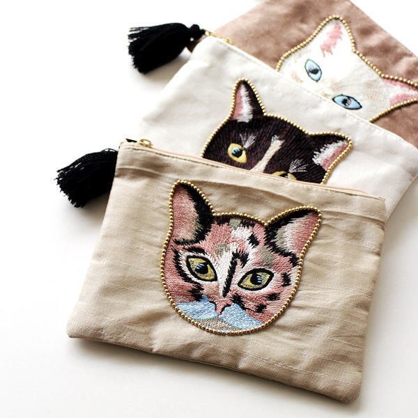 ポーチ 小物入れ 猫 ねこ おしゃれ 刺繍 丸 フラット 小物入れ キャット刺繍ポーチ A 【Cタイプ】 送料無料(一部地域除く) kan9847c_画像2