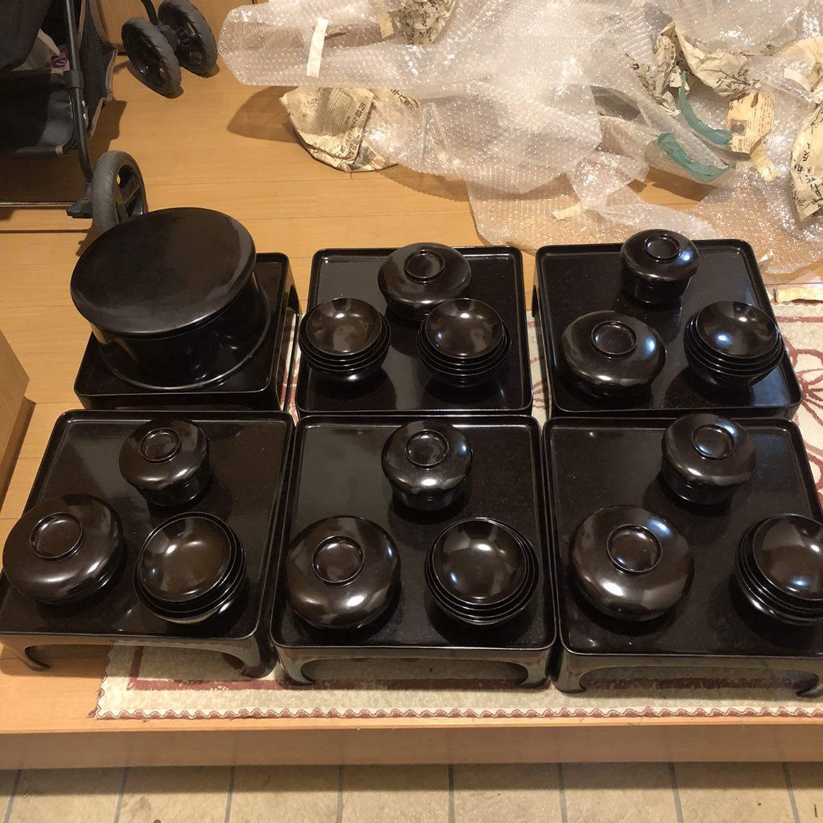 掘り出し　旧家蔵出し 輪島黒本膳椀　五人前　飯器付き　お正月料金　和食器　お膳　お椀　元箱付き　アンティーク　コレクション　漆器