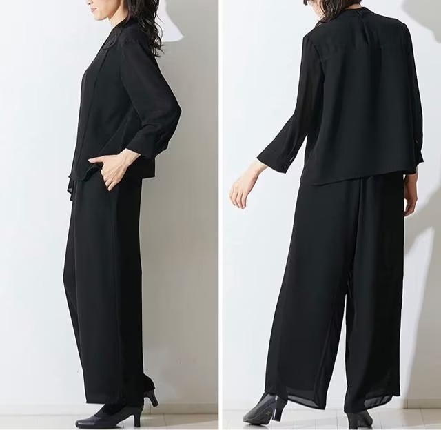 新品 6L喪服礼服ブラックフォーマル黒系ワイドパンツのセットアップ