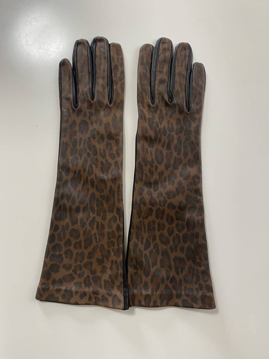 [ beautiful goods ] Italy made Peruzzi lady's leather long glove black leopard print leather gloves silk lining size 7 half 