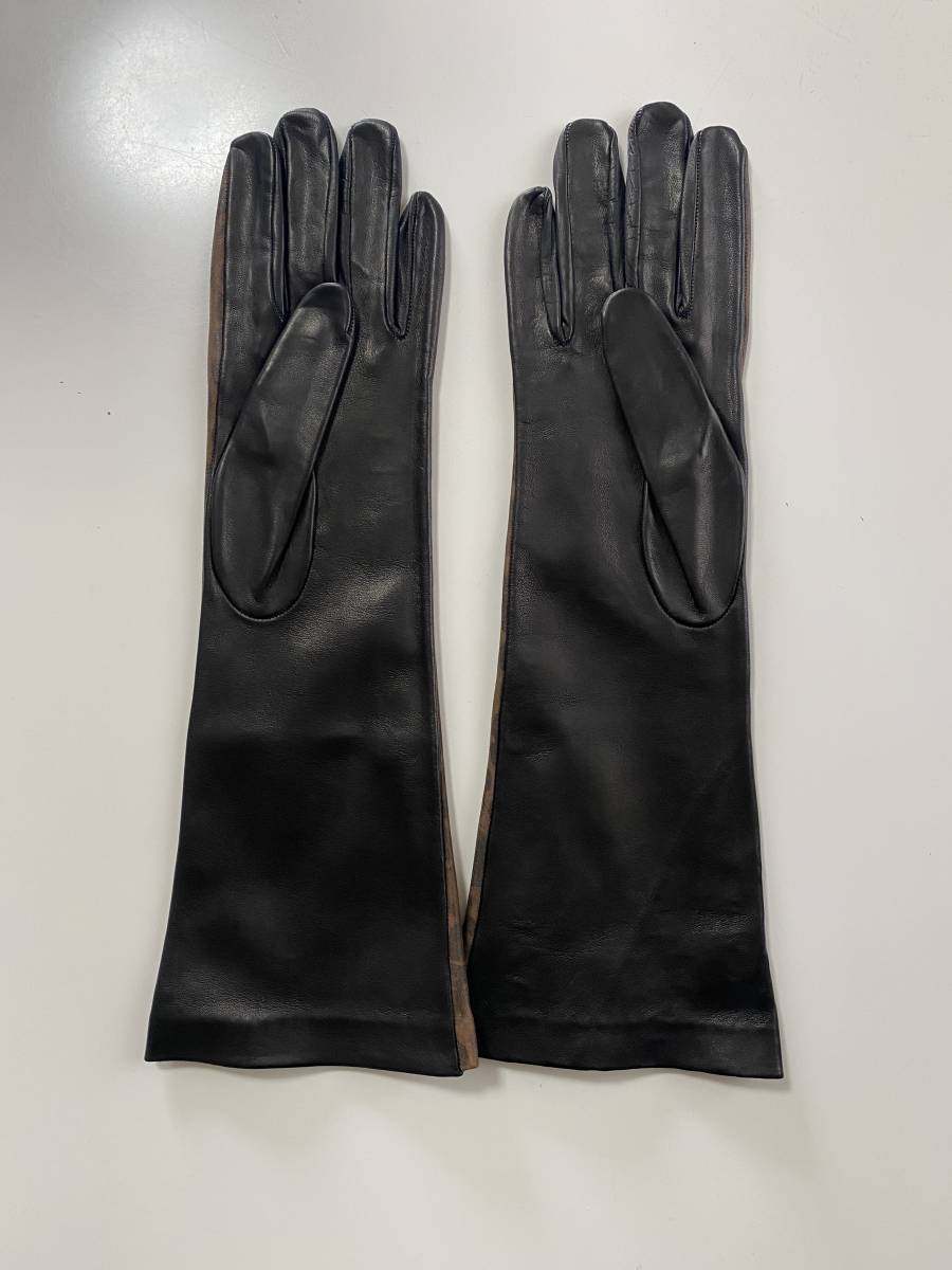 [ beautiful goods ] Italy made Peruzzi lady's leather long glove black leopard print leather gloves silk lining size 7 half 