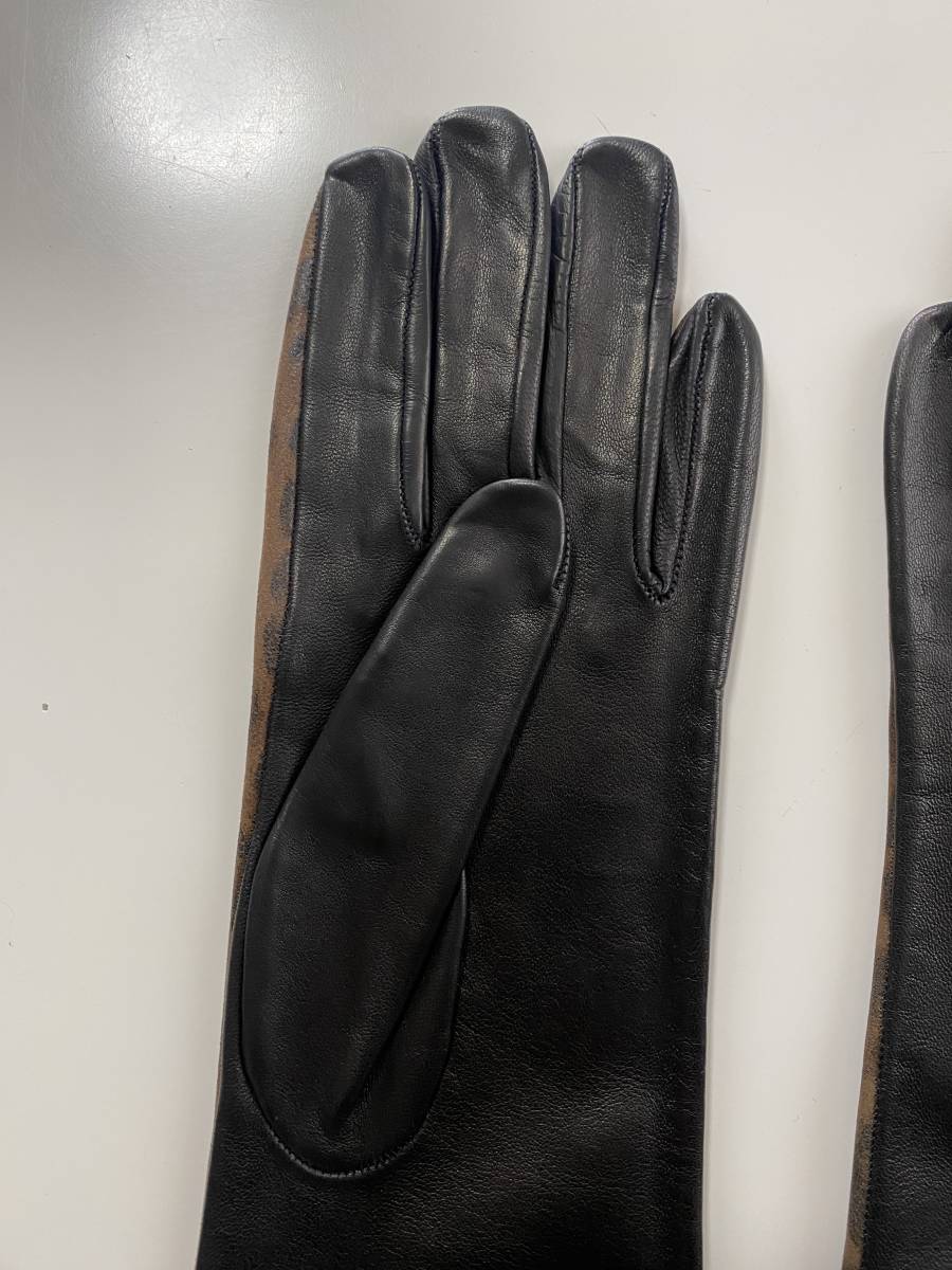 [ beautiful goods ] Italy made Peruzzi lady's leather long glove black leopard print leather gloves silk lining size 7 half 