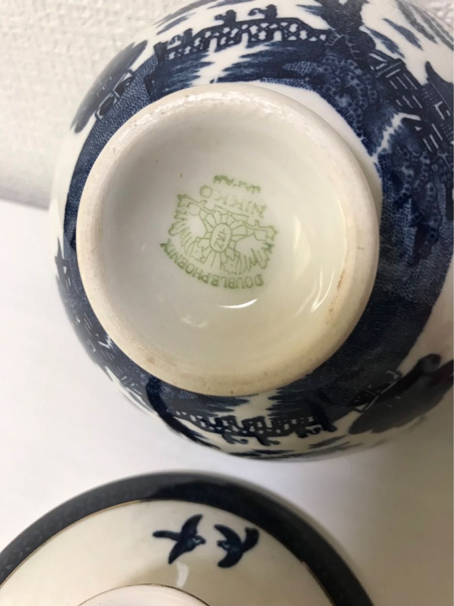 ニッコー ダブルフェニックス 昭和レトロ　茶碗　青赤セット　山水柄