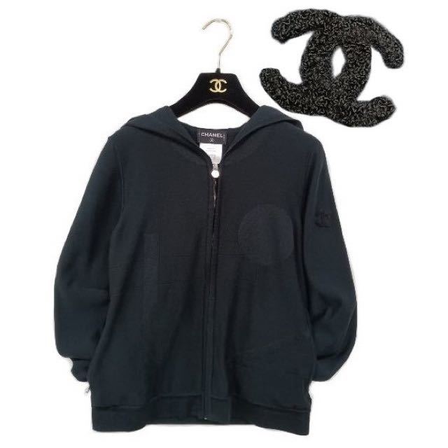 本物 シャネル CHANEL 黒 フード付きパーカー ココマークワッペン 美品