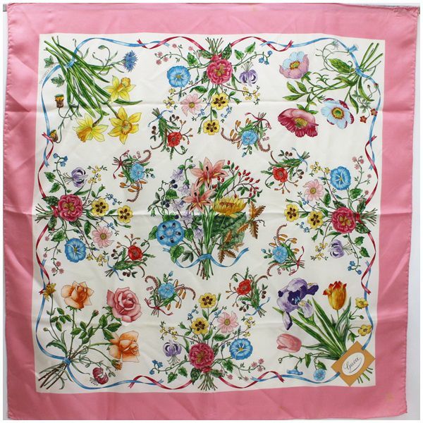 ヤフオク! - グッチ シルク スカーフ フローラ 花柄 アイボリー×ピン...