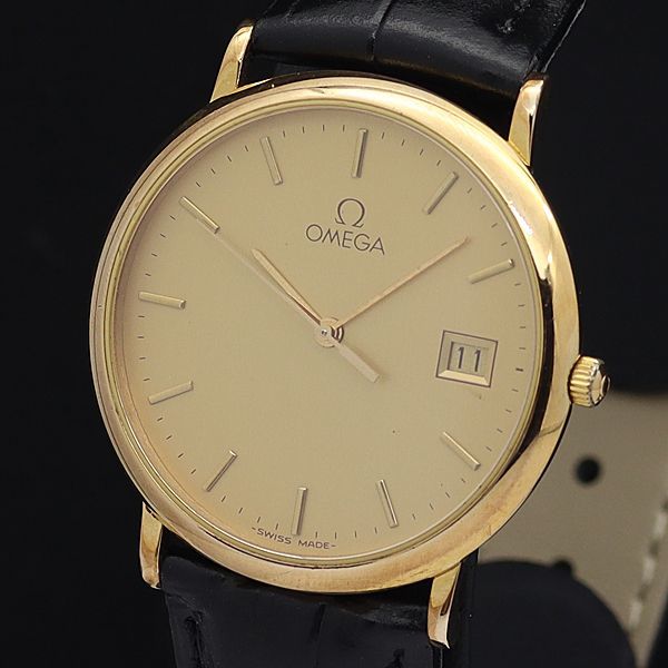 1円 稼働 良品 オメガ QZ デビル デイト ラウンド スイス製 アンティーク ゴールド文字盤 メンズ腕時計 0067100STU