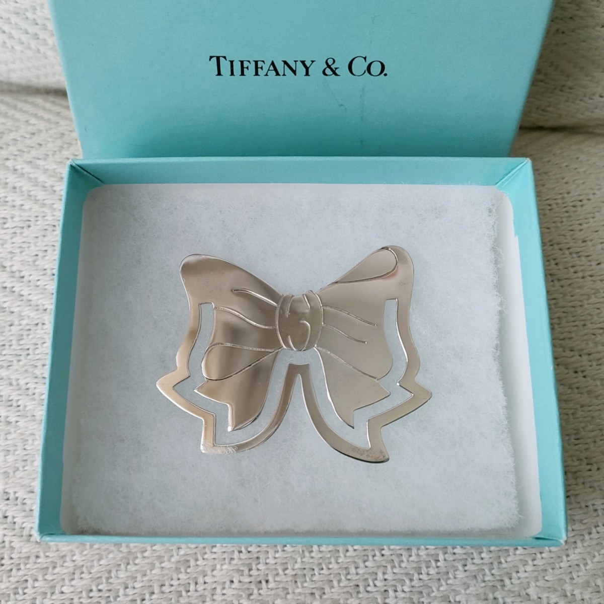 【新品未使用】TIFFANY&Co.　ティファニー　リボン　ブックマーク　ペーパークリップ　シルバー　刻印あり　箱、巾着袋つき