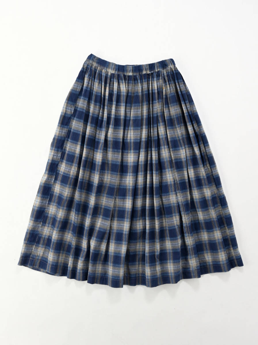 ４５rpm 藍インドカディチェックのギャザースカート サイズ３ 未着用美 