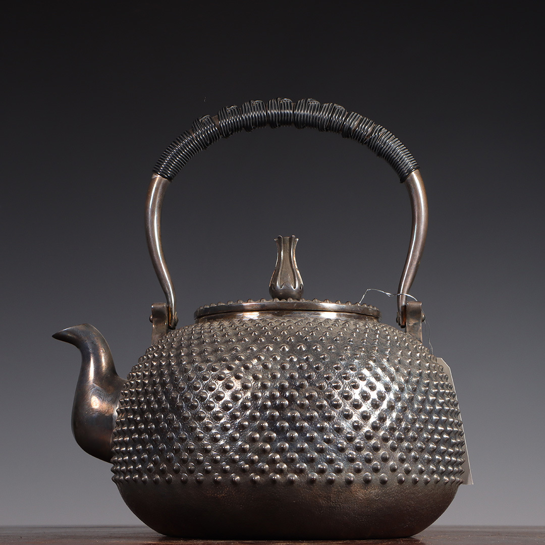 古銀 茶壺 光南 造 「純銀霰紋提梁壺」 銀瓶 煎茶 湯沸 茶道具 時代物 銀純度99.9% LT-03174