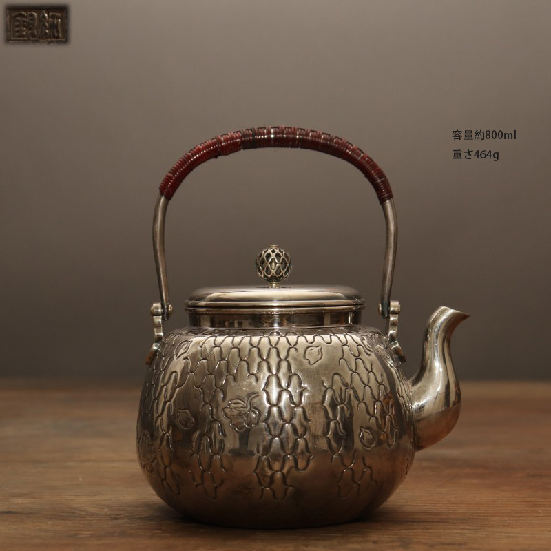 古銀 茶壺 純銀花卉網紋提梁壺 銀瓶 煎茶 湯沸 急須 茶道具 南鐐 金工 茶器 時代物 LT-02255
