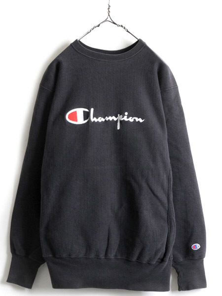 90s USA製 大きいサイズ XL 人気 黒 ■ チャンピオン リバースウィーブ ビッグ ロゴ刺繍 スウェット ( メンズ ) Champion 90年代 オールド_画像1