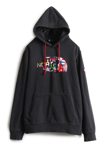 2018年 オリンピック ■ ノースフェイス 国旗 プリント スウェット フード パーカー ( メンズ M ) The North Face プルオーバー 黒 限定品