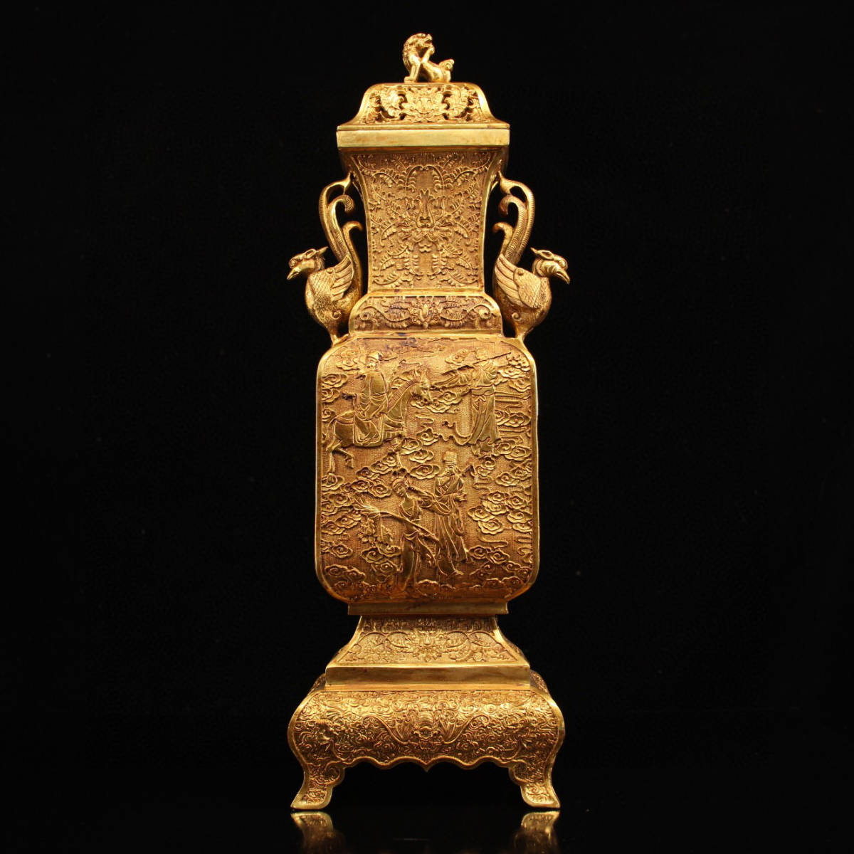 銅製・塗金・雙鳳耳八仙花瓶『収蔵家蔵』稀少珍品・置物・古賞物・中国古美術