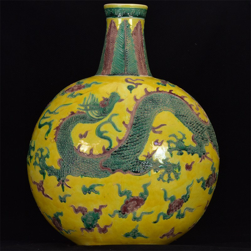 明・永樂年製款・法華彩・龍紋・抱月瓶『収蔵家蔵』稀少珍品・置物・古