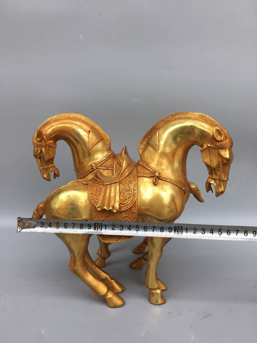銅製・塗金・駿馬一對『収蔵家蔵』稀少珍品・置物・古賞物・中国古美術