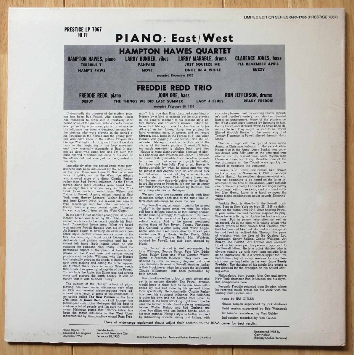 Freddie Redd（フレディ・レッド）Hamp Hawes（ハンプトン・ホーズ）LP「Piano East Piano West」US盤 OJC-1705 1985年再発 新品同様_画像2