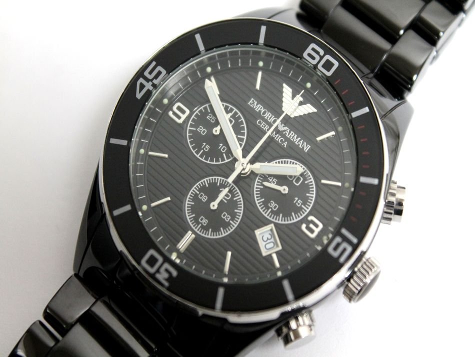 動作品 EMPORIO ARMANI CERAMICA メンズ 腕時計 AR-1421 3針 デイト クロノ クオーツ SS 男性用 黒 エンポリオアルマーニ セラミカ 中古