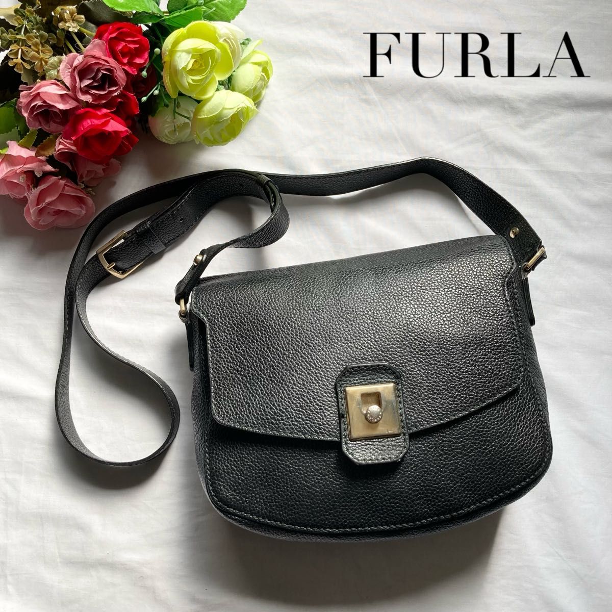 美品】FURLA ショルダーバッグ レザー ブラック-