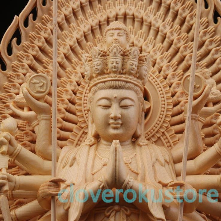 仏教美術 精密彫刻 仏像 手彫り 八角台座 桧木製 千手観音菩薩 高さ約43cm 3