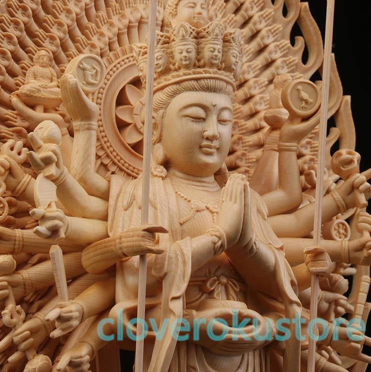 仏教美術 精密彫刻 仏像 手彫り 八角台座 桧木製 千手観音菩薩 高さ約43cm 4