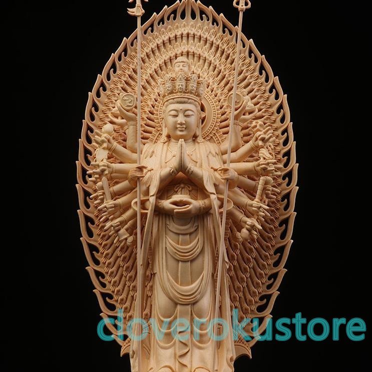 仏教美術 精密彫刻 仏像 手彫り 八角台座 桧木製 千手観音菩薩 高さ約43cm 5