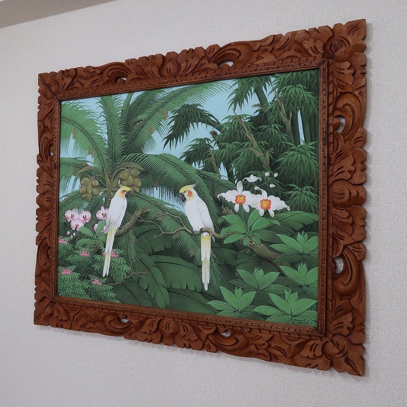２匹の白い鳥と椰子の絵 プンゴセカンスタイル 100X80 Parsa W.作 YSA-240459_画像5
