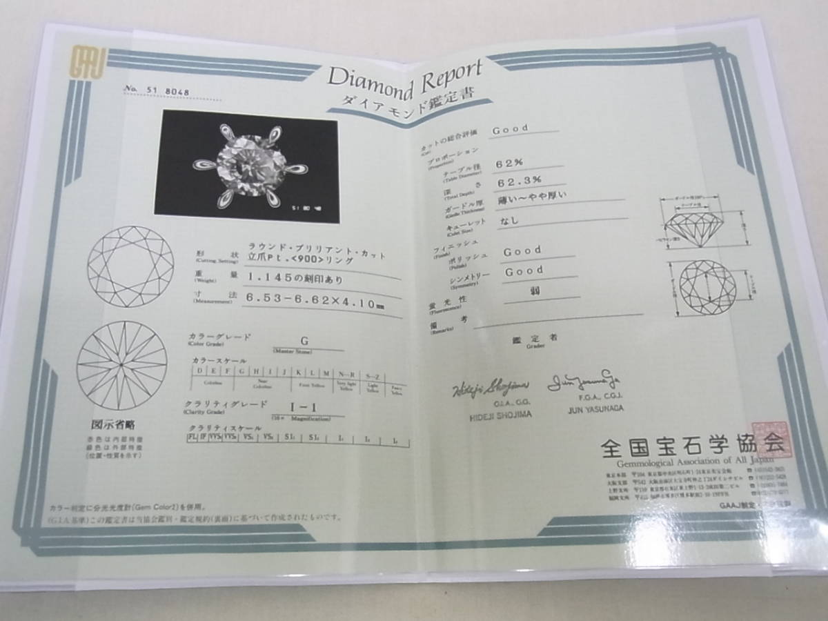 Ｐｔ900　ダイヤモンド　リング　立爪　1個石　ＵＳＥＤ　1.145ｃｔ　Ｇカラー　Ｉ-1　グッド　鑑定書付き　7.3ｇ　サイズ12番_鑑定書