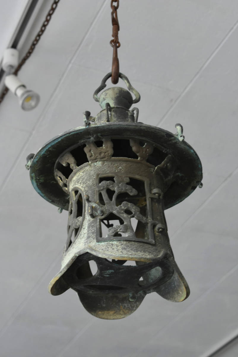 大評判 梅松文透かし 時代銅製吊り灯籠…透かし雲竜青銅/銅釣灯篭/銅