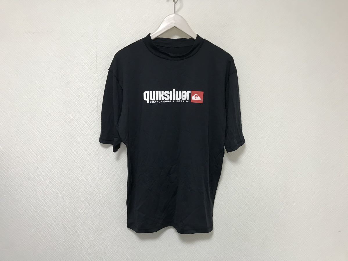 本物クイックシルバーQUIKSILVERロゴプリントラッシュガード半袖Tシャツ水着メンズアメカジサーフミリタリーウェットスーツ黒ブラックXXL