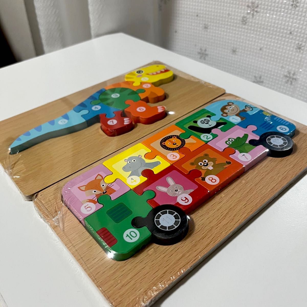 【新品】恐竜　バス　木製パズル  2点セット 知育玩具 木のおもちゃ