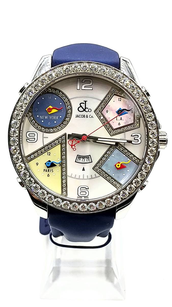 【美品】JACOB＆Co（ジェイコブ）ファイブタイムゾーン47mm/純正ダイヤベゼル＆純正ダイヤインデックス/純正ベルト/メンズ腕時計/正規品