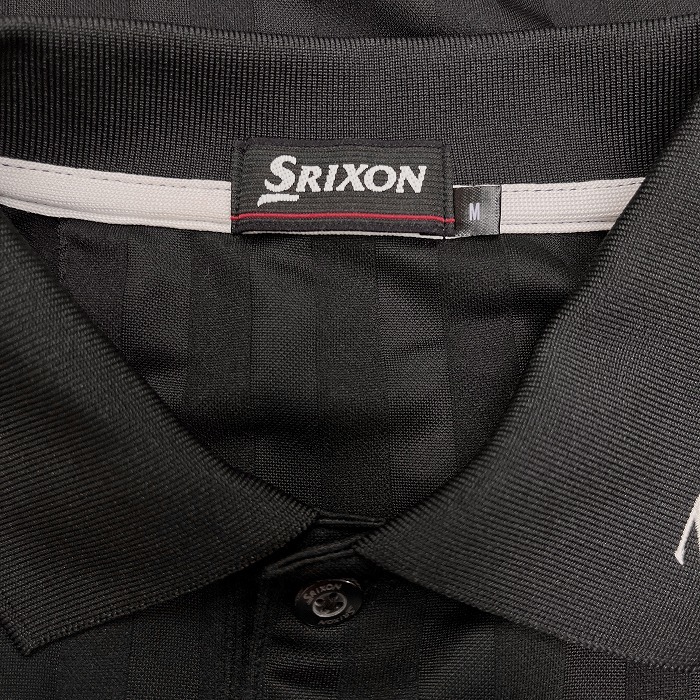 SRIXON スリクソン M メンズ ゴルフ ポロシャツ ストライプ ロゴ刺繍 ロゴパッチ 英字 文字 半袖 ショートスリーブ ポリ100% ブラック 黒_画像3