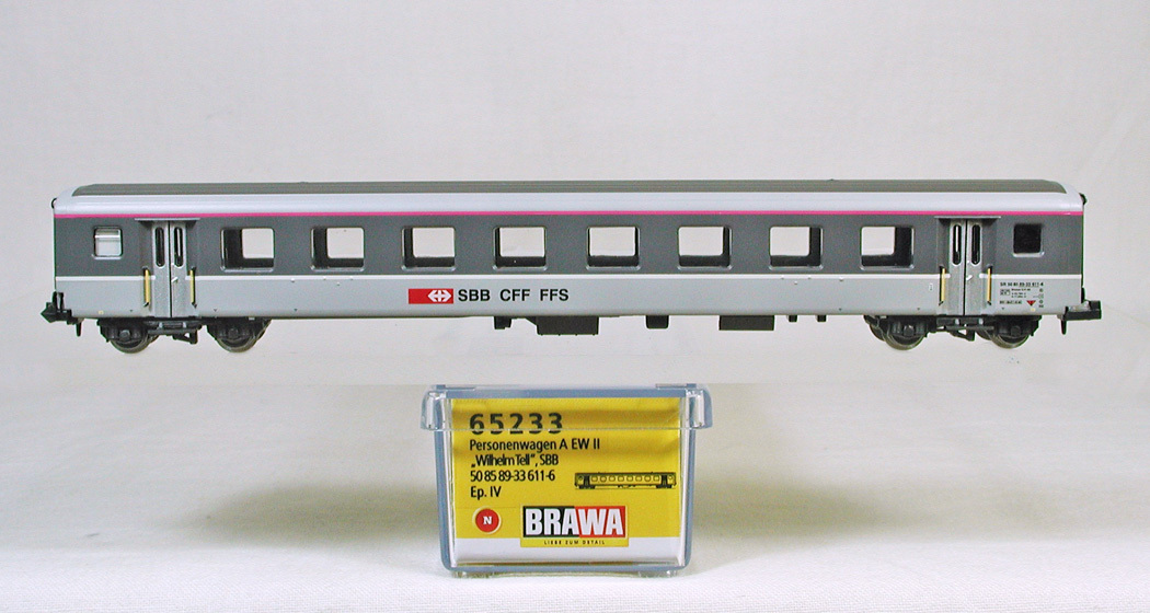 BRAWA #65233 ＳＢＢ（スイス国鉄） ウイリアムテル用サロン車 ＥＷ-Ⅱ　（ライトグレー／グレー／ピンク帯）