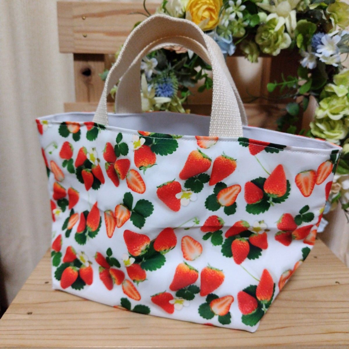 採れたていちご ハンドメイド ミニトートバッグ 布バスケット フルーツ
